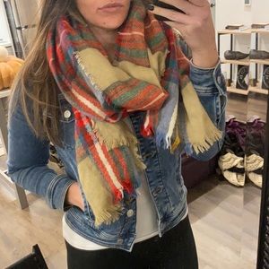 Plaid Scarf with frayed ends: red blue tan white green yellow
